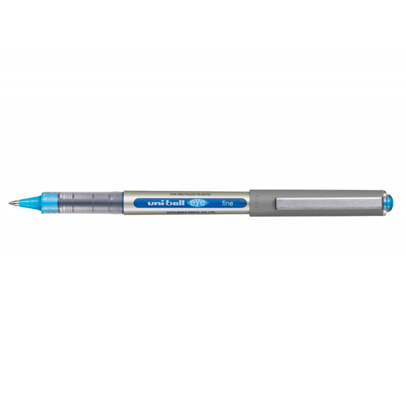 Roller uniball eye plastique recycle encre liquide ecriture moyenne pointe metal coloris turquoise