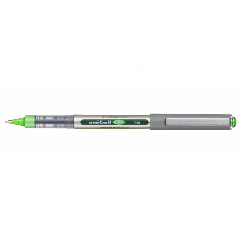 Roller uniball eye plastique recycle encre liquide ecriture moyenne pointe metal coloris vert clair