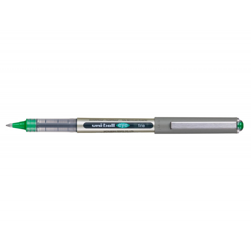 Roller uniball eye plastique recycle encre liquide ecriture moyenne pointe metal coloris vert