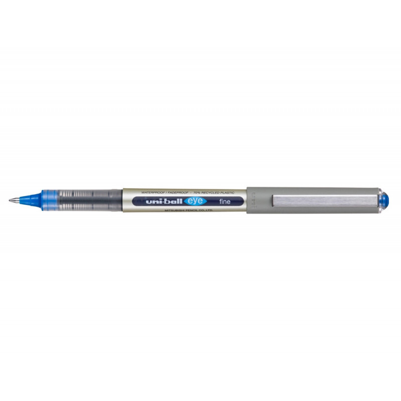 Roller uniball eye plastique recycle encre liquide ecriture moyenne pointe metal coloris bleu