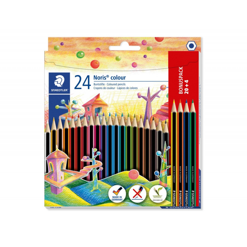 Crayon couleur staedtler noris colour 185 bois upcycle coloris assortis etui carton 20 + 4 offerts