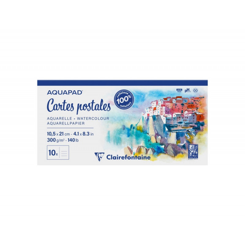 Bloc clairefontaine aquapad cartes postales 105x210mm 10 feuilles 300g verso pre-imprime