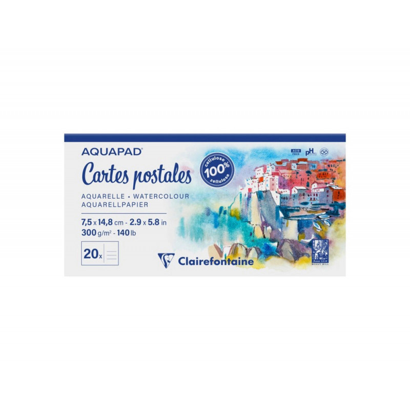 Bloc clairefontaine aquapad cartes postales 75x148mm 20 feuilles 300g verso pre-imprime