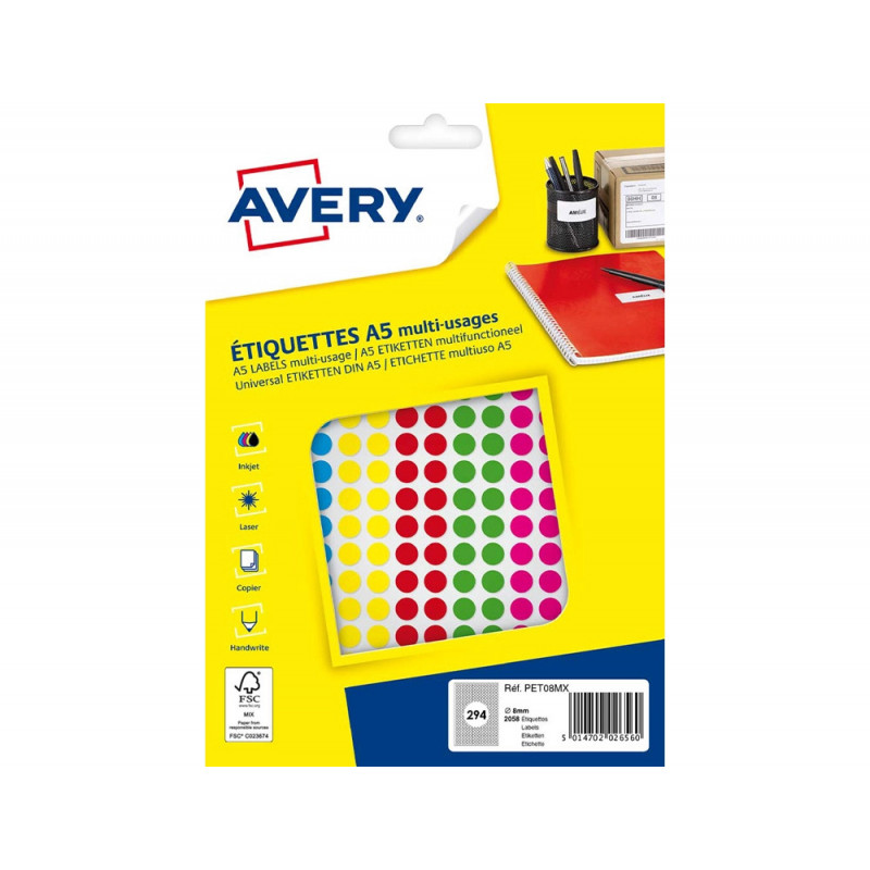 Pastille adhesive apli impression laser jet encre et copieur diametre 8mm permanente coloris assortis