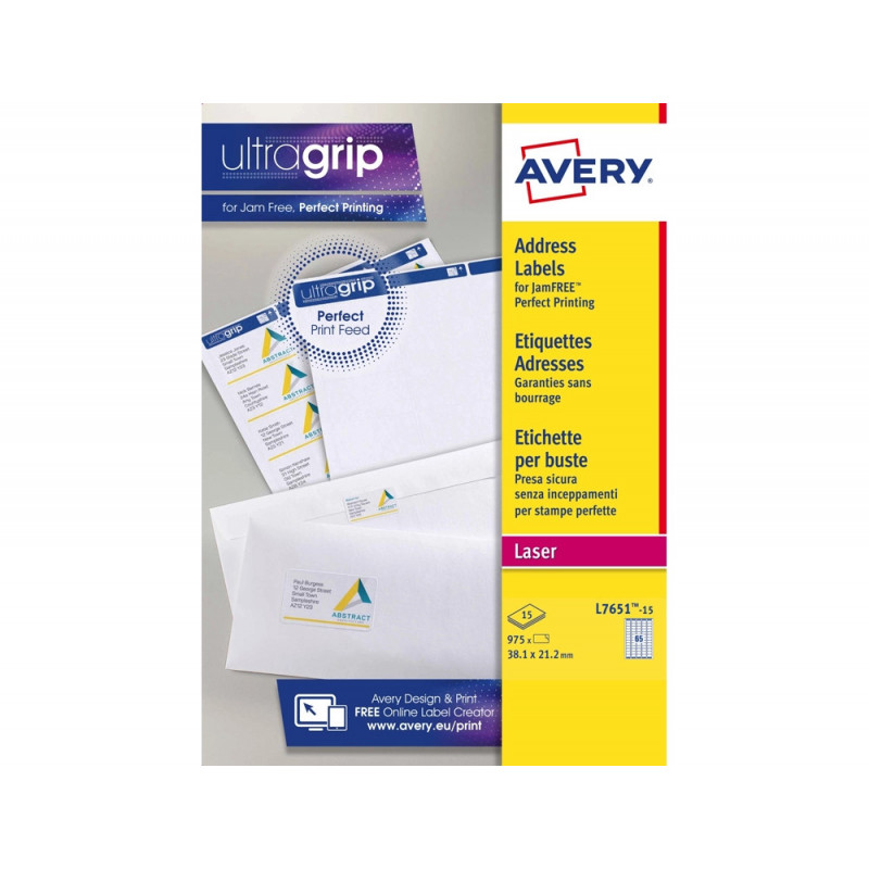 Etiquette expedition avery impression laser 38,1x21,2mm coloris blanc pochette 975 unites