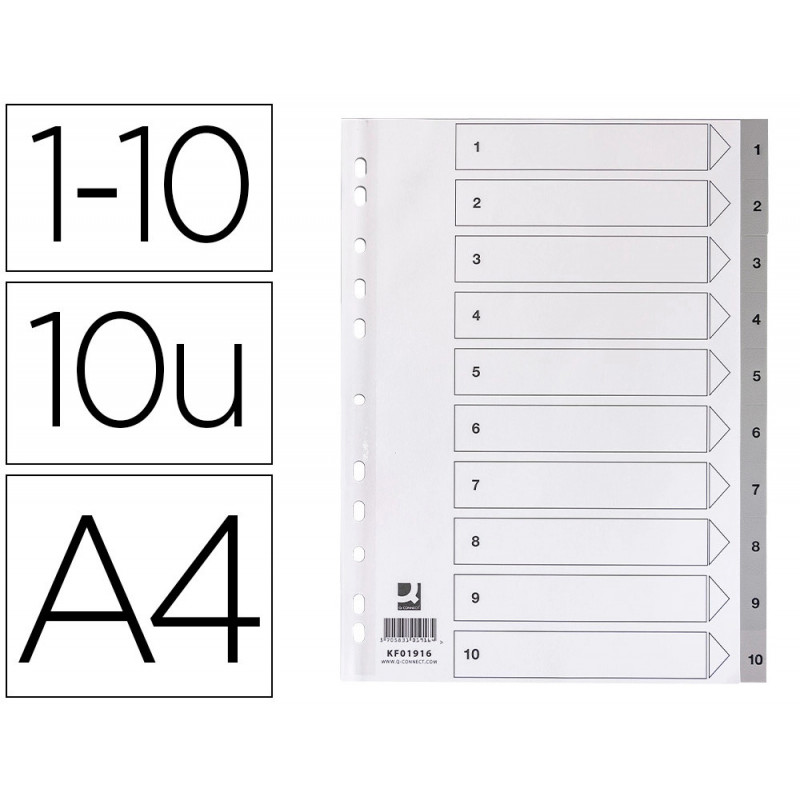Intercalaire q-connect numerique 1-10 plastique 10 positions a4 indice multiperfore