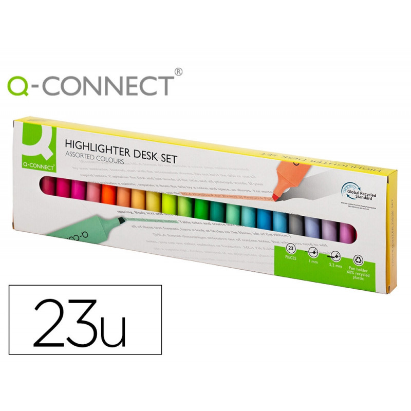 Surligneur q-connect fluorescent pointe biseautee etui de bureau 23 unites coloris assortis
