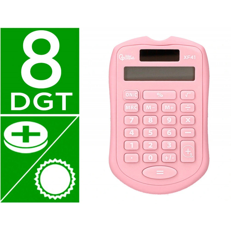 Calculatrice de poche liderpapel xf41 8 chiffres solaire et piles 94x59,5x10,5mm coloris rose