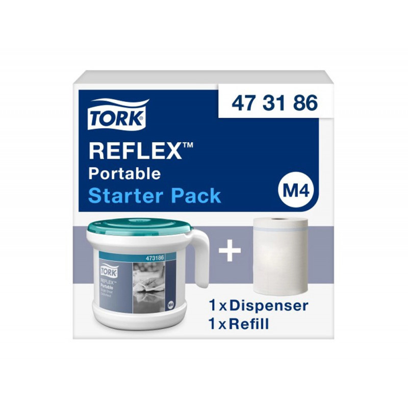 Distributeur tork reflex essuie-mains m4 performance portable devidage central coloris blanc et turquoise
