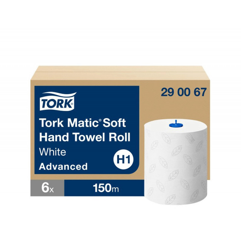 Essuie-mains tork matic h1 doux motifs blanc a feuilles grises rouleau 150m