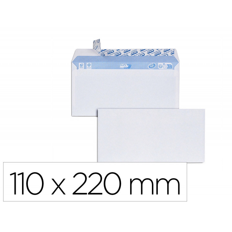 Enveloppe gpv velin blanc 80g dl 110x220mm bande adhesive paquet 100 unites