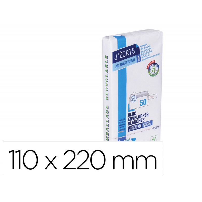 Enveloppe gpv precasee velin blanc 90g dl 110x220mm bande adhesive bloc 50 unites
