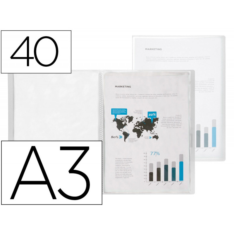 Protege-documents liderpapel polypropylene couverture flexible 40 pochettes fixes a3 coloris transparent