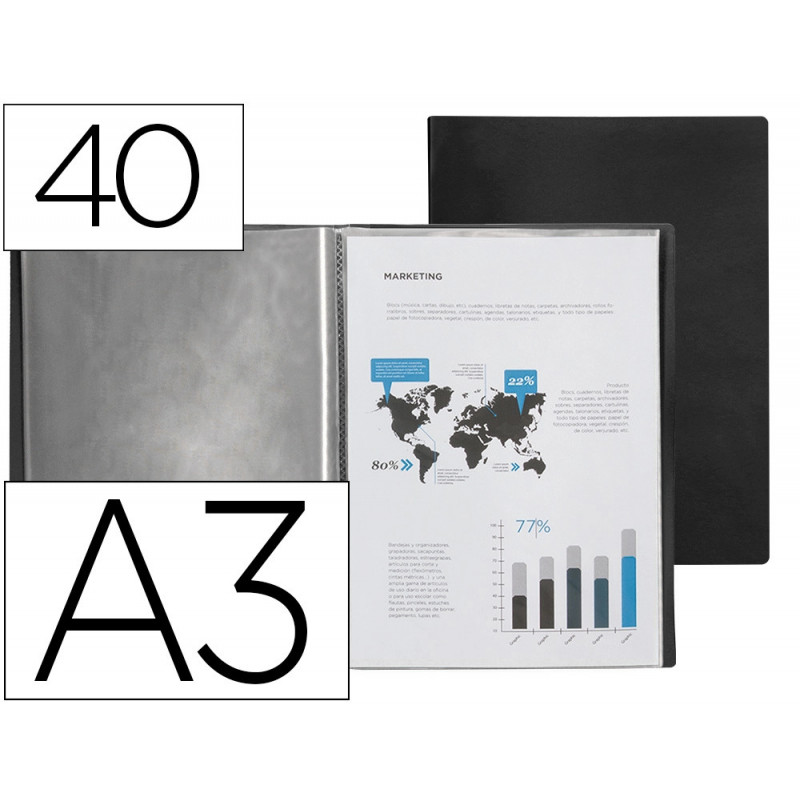 Protege-documents liderpapel polypropylene couverture flexible 40 pochettes fixes a3 coloris noir opaque