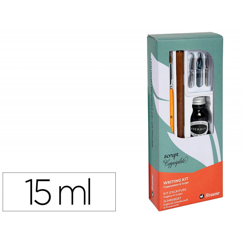 Coffret plumes- criture brause compos de 1 plume en bois 3 plumes 1 pinceau 1 flacon d'encre noire 15ml