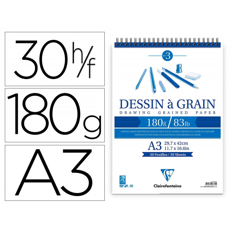 Bloc dessin grain clairefontaine spirale a3 blanc 29,7cmx42cm 180gr 30f