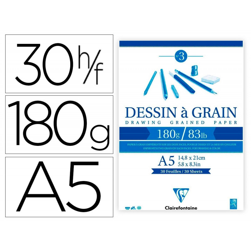Bloc dessin grain clairefontaine a5 encoll blanc 14,8cmx21cm 180gr 30f