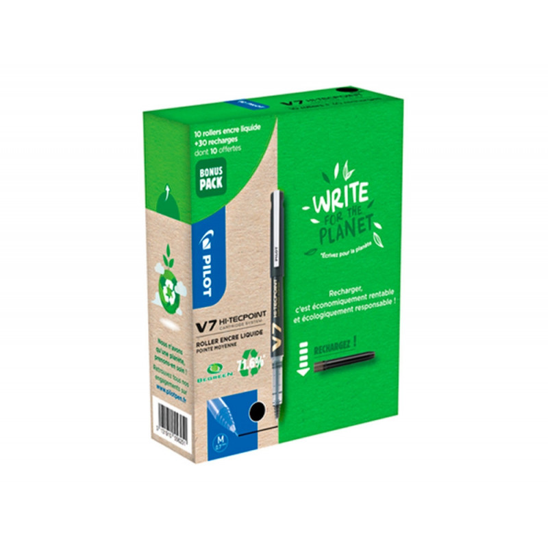 Greenball roller encre liquide 10 stylos + 10 recharges pointe moyenne noir
