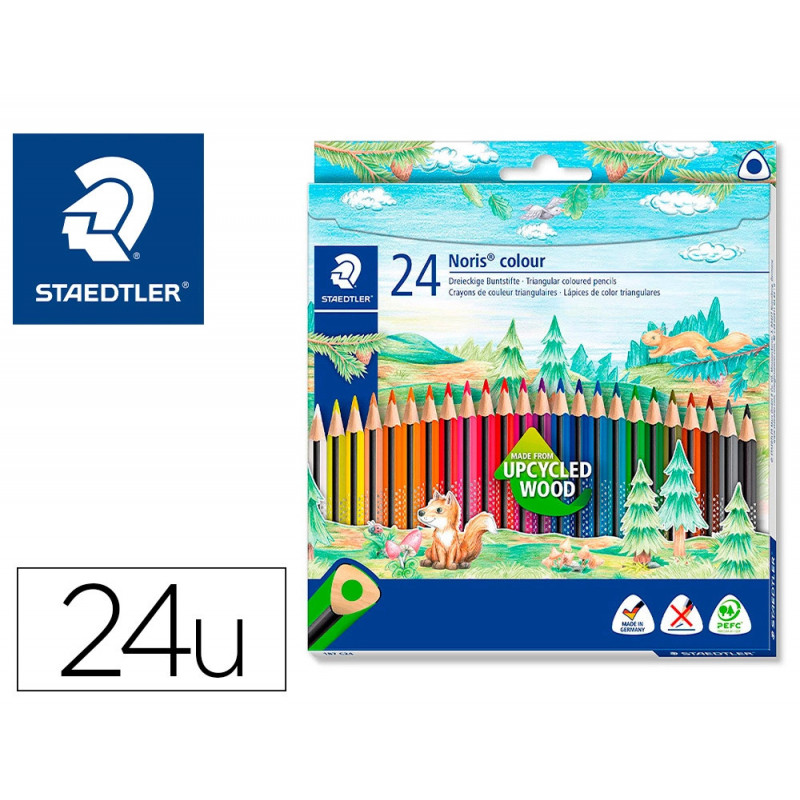 Crayons de couleur staedtler noris 187 triangulaires en bois coloris assortis etui de 24