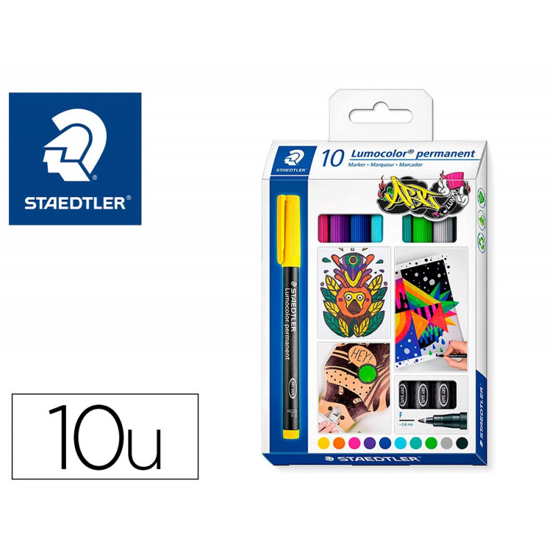 Marqueur staedtler permanent dry safe lumocolor 318 pointe fine 0,6mm coloris assrotis etui de 10 feutres