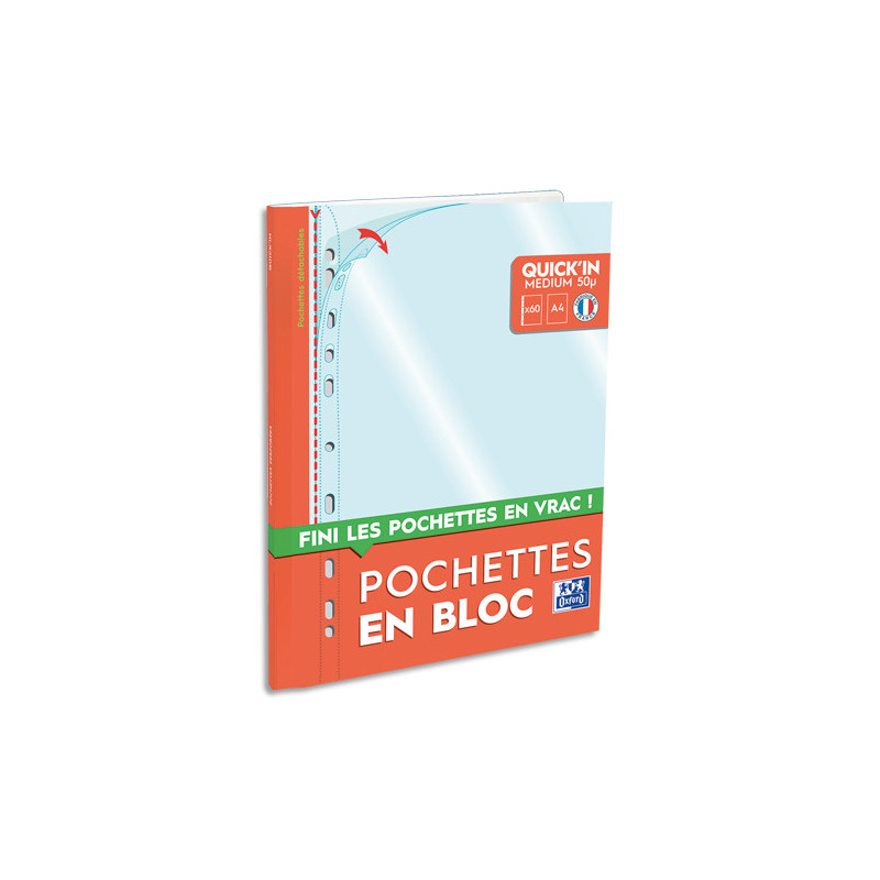 OXFORD Bloc de 60 pochettes perforées QUICK' IN en polypro lisse 5/100e. Format A4, perforation 11 trous