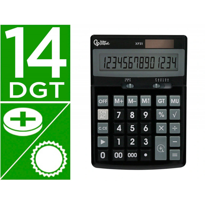 Calculatrice de bureau liderpapel xf31 14 chiffres solaire et piles coloris noir 170x122x35 mm