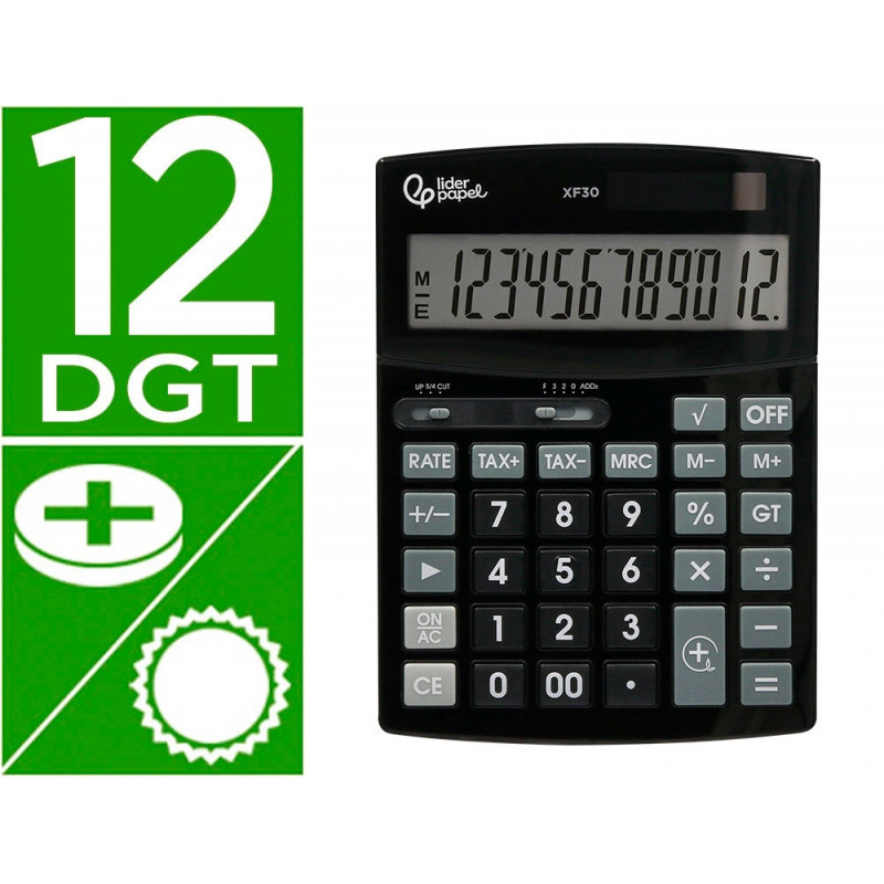 Calculatrice de bureau liderpapel xf30 12 chiffres correct auto-replay solaire et piles coloris noir
