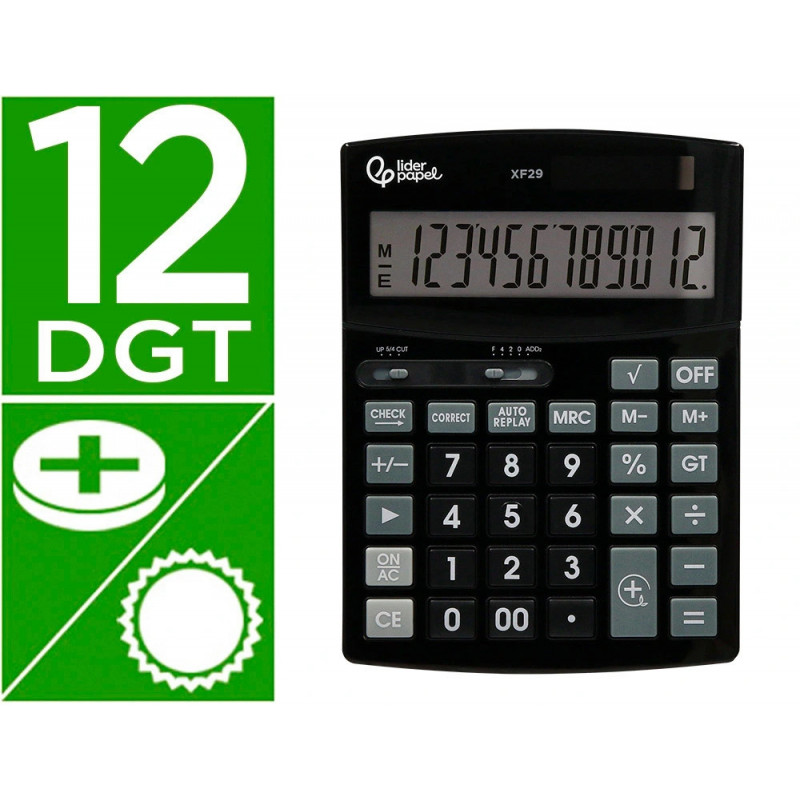 Calculatrice de bureau liderpapel xf29 12 chiffres taxes solaire et piles coloris noir 190x140x30 mm