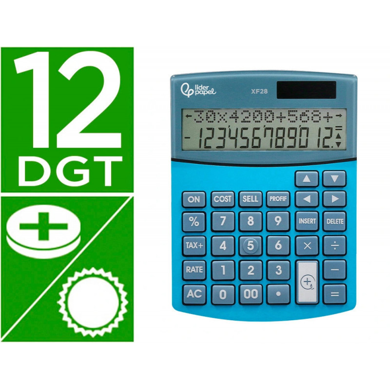 Calculatrice de bureau liderpapel xf28 12 chiffres double ligne couts ventes marge taxes solaire et piles