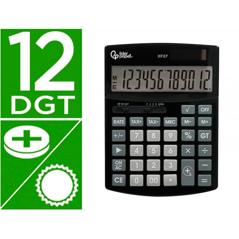 Calculatrice de bureau liderpapel xf27 12 chiffres taxes solaire et piles coloris noir 155x115x25 mm