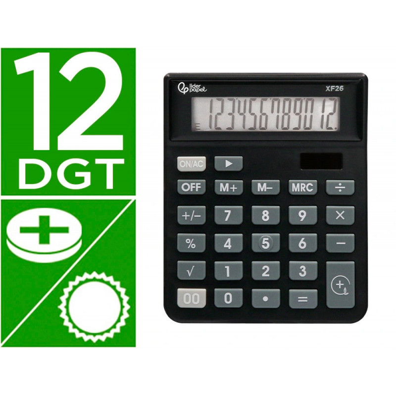 Calculatrice de bureau liderpapel xf26 12 chiffres solaire et piles 127x105x24 mm coloris noir