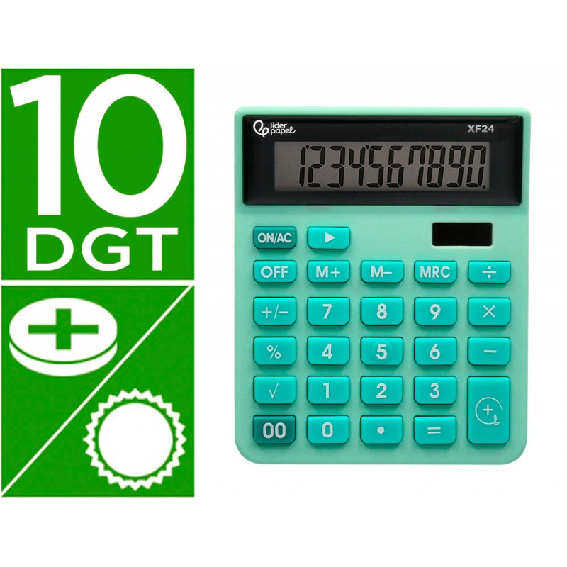 Calculatrice de bureau liderpapel xf24 10 chiffres solaire et piles 127x105x24 mm coloris vert