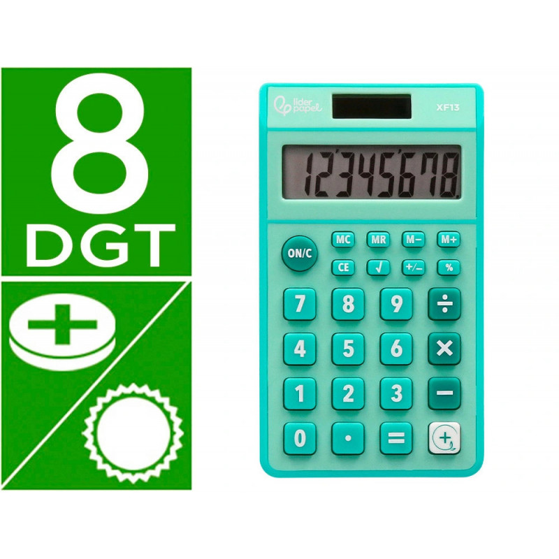 Calculatrice de poche liderpapel xf13 8 chiffres solaire et piles 115x65x8 mm coloris vert