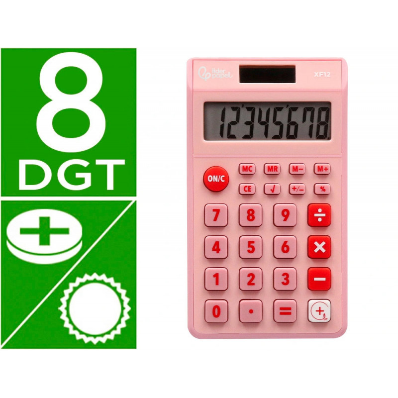 Calculatrice de poche liderpapel xf12 8 chiffres solaire et piles 115x65x8 mm coloris rose