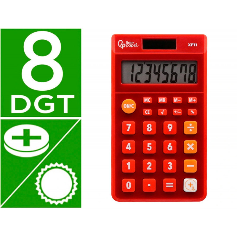Calculatrice de poche liderpapel xf11 8 chiffres solaire et piles 115x65x8 mm coloris rouge
