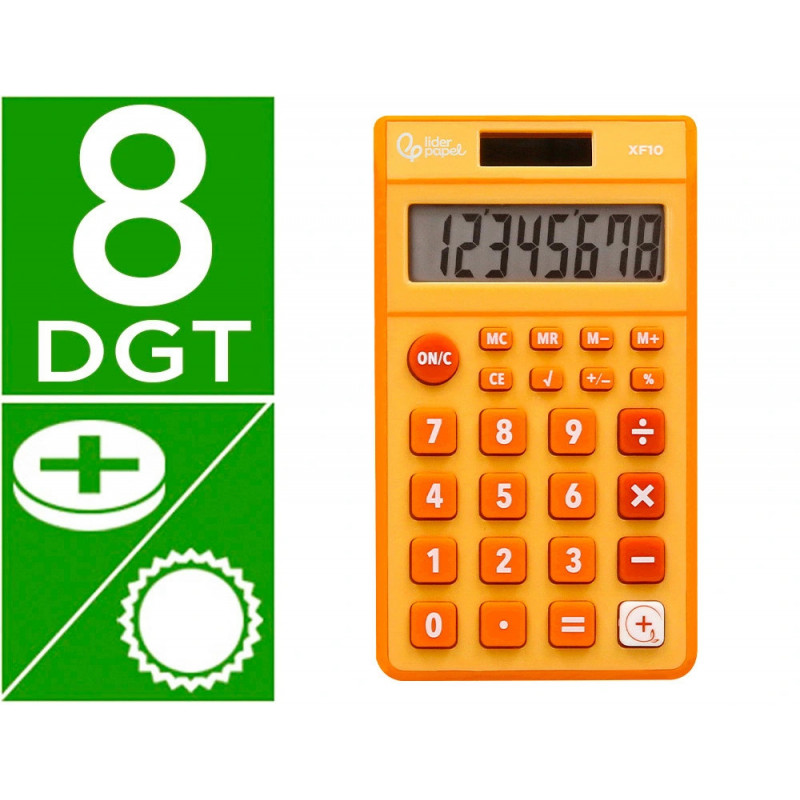 Calculatrice de poche liderpapel xf10 8 chiffres solaire et piles 115x65x8 mm coloris orange