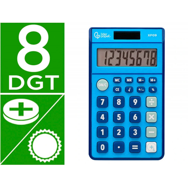Calculatrice de poche liderpapel xf09 8 chiffres solaire et piles 115x65x8 mm coloris bleu
