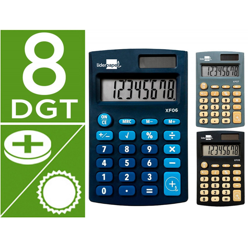 Calculatrice de poche xf05 8 chiffres solaire et piles 98x62x8 mm presentoir de 16u