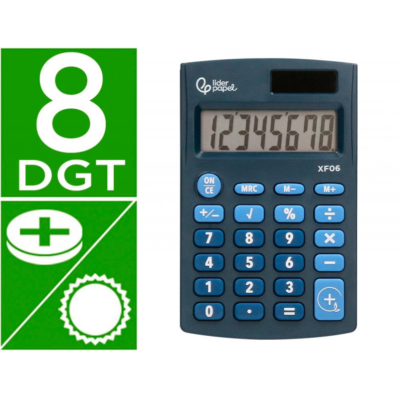 Calculatrice de poche xf05 8 chiffres solaire et piles 98x62x8 mm coloris bleu
