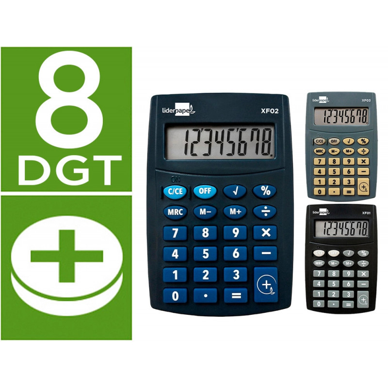 Calculatrice de poche liderpapel xf01 8 chiffres avec pile 99x64x9 mm pr sentoir de 16u