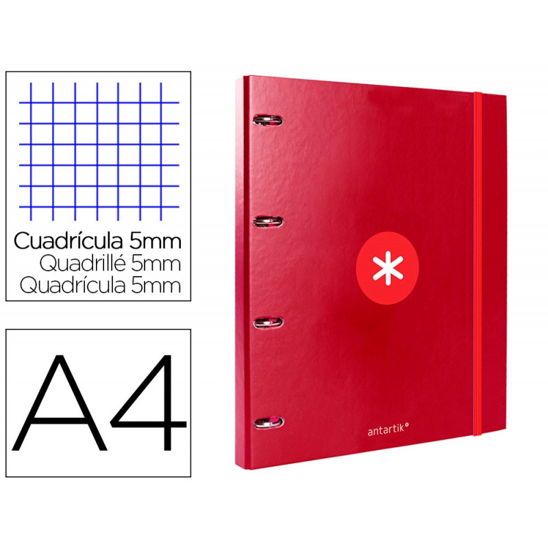 Classeur antartik 4 anneaux ronds 25mm a4 carton remborde feuillets mobiles 5x5 framboise