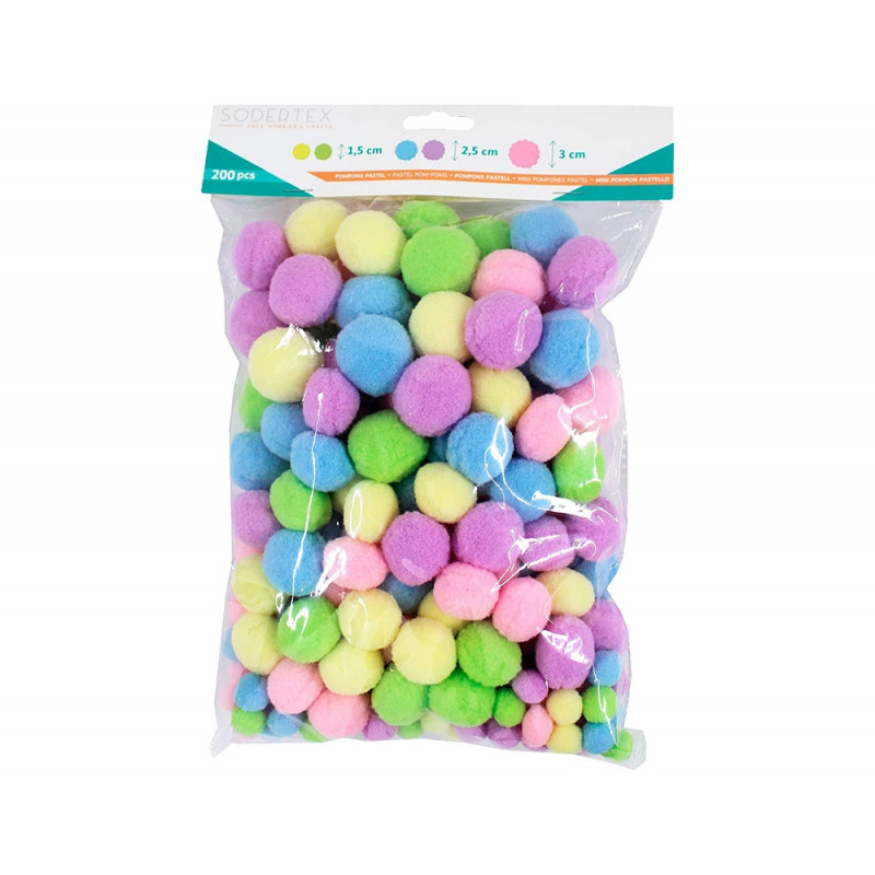Pack pompons sodertex pastel polyester - 3 tailles - 200 pcs - 5 coloris
