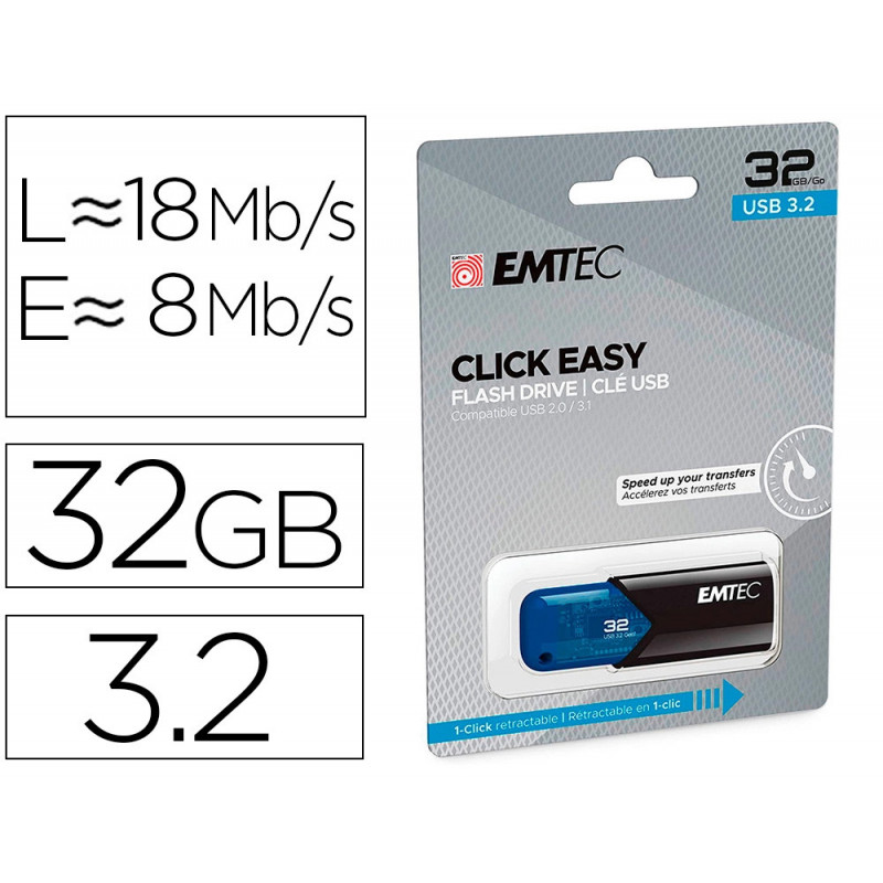 Cle usb emtec 3.2 b110 click easy 32go coloris bleu