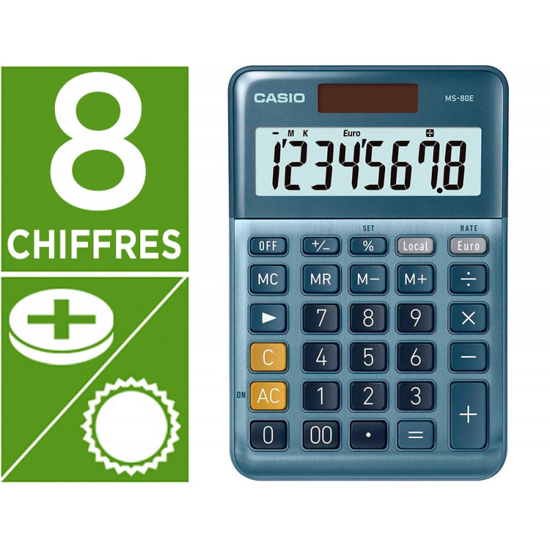 Calculatrice casio bureau ms80e gran ecran 8 chiffres euro convertisseur memoire solaire/pile couleur bleu