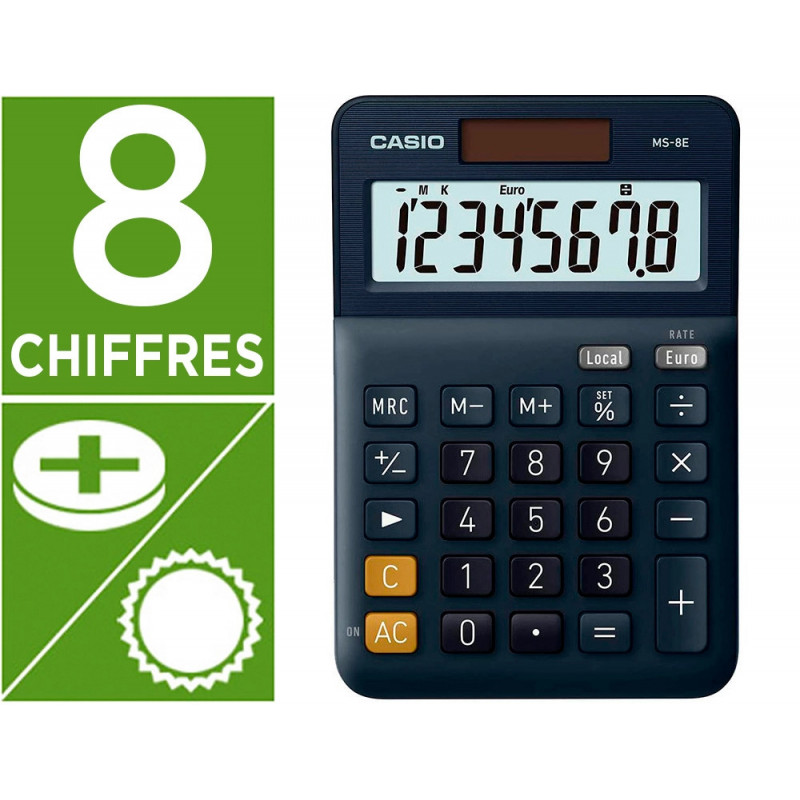 Calculatrice casio bureau ms8e gran ecran 8 chiffres euro convertisseur memoire solaire/pile couleur bleu