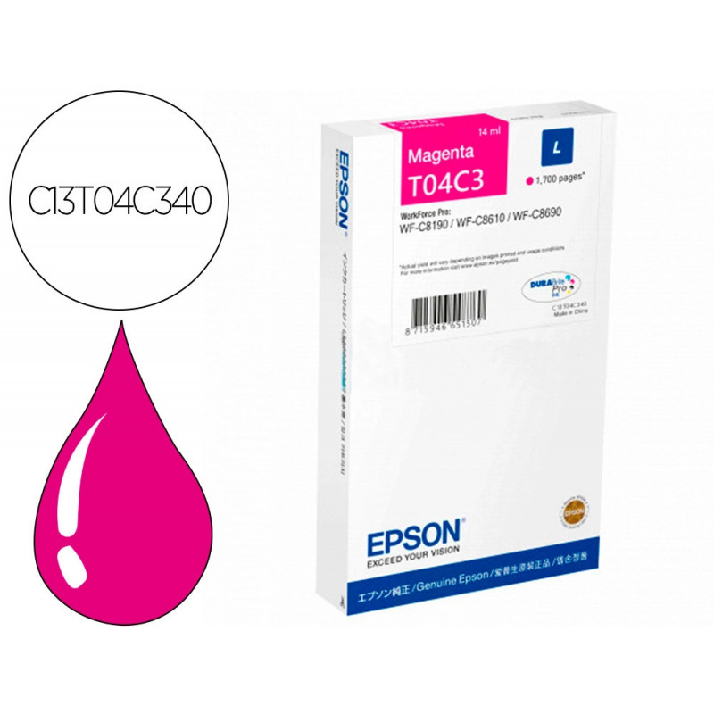 Cartouche epson jet d'encre t04c3 couleur magenta 1700 pag