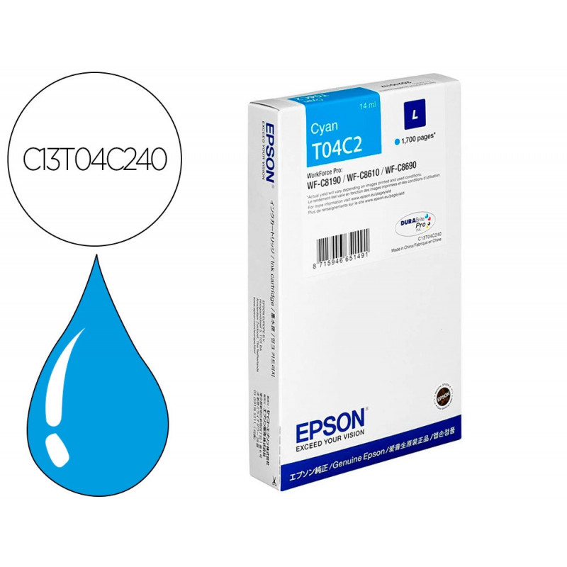 Cartouche epson jet d'encre t04c2 couleur cyan 1700 pag