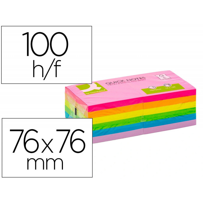 Bloc notes q-connect 76x76mm 100f adhesives repositionables coloris fluo et pastel assortis pack 12 unites