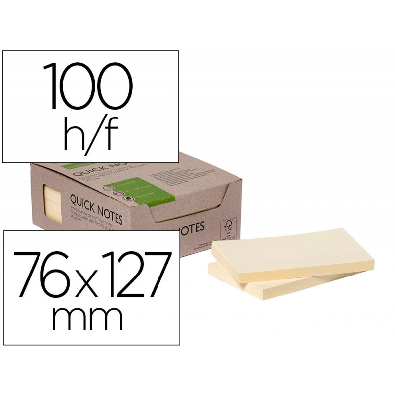 Bloc notes q-connect quick notes 76x127mm 100f adhesives repositionables coloris jaune pack 12 unites