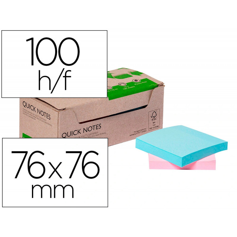 Bloc notes q-connect quick notes 76x76mm 100f adhesives repositionables monochrome rose ou bleu pastel pack 12 unites